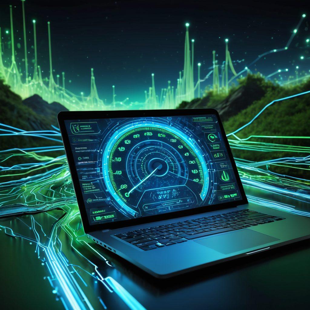 A dynamic illustration of a digital landscape featuring torrents of data rushing through cyber pathways, symbolizing fast downloads. Include visual elements like download arrows, circuit patterns, and a glowing speedometer indicating high speed. Incorporate a futuristic laptop with torrent software interface glowing brightly, surrounded by a vibrant blue and green color palette. Artistic style should be sleek and modern with a tech-inspired vibe. 3D, vibrant colors.
