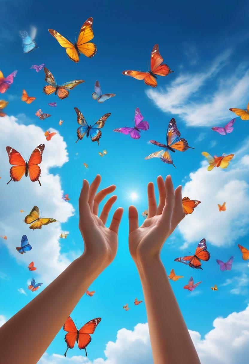 A vibrant digital landscape featuring floating file icons transforming into butterflies, symbolizing freedom in content sharing. Include diverse hands reaching out to grasp these butterflies against a blue sky backdrop filled with abstract cloud patterns. The scene evokes a sense of liberation and connectivity in the digital space. super-realistic. vibrant colors. 3D.